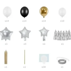 Arche de ballons Or et Noir + Étoiles Argent - 167x135cm