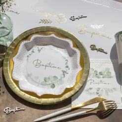 Assiette Baptême Feuillage - Lot de 10