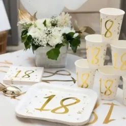 Assiette carré Blanc/Or 18 ans (Lot de 10)