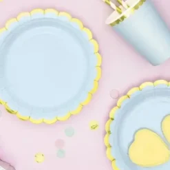 Assiette en papier bleu clair avec bordures or (Lot de 6)