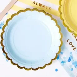 Assiette en papier bleu clair avec bordures or (Lot de 6)