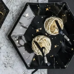 Assiette en papier noire avec motif or (Lot de 6)