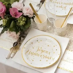 Assiette Joyeux Anniversaire Or/Blanc (lot de 10)
