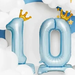 Ballon Bleu Clair Chiffre 1 avec Couronne + Support - 84cm