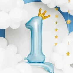 Ballon Bleu Clair Chiffre 1 avec Couronne + Support - 84cm