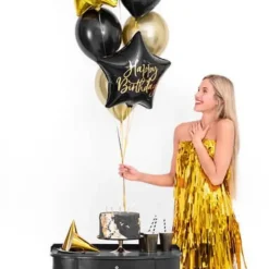 Ballon Mylar Étoile - Happy Birthday - Noir & Or 40cm