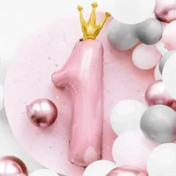 Ballon Rose Clair Chiffre 1 avec Couronne