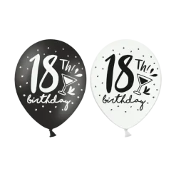 Ballons "BIRTHDAY 18th" Noirs & Blancs (Lot de 6)