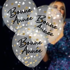 Ballons Confettis Bleu Marine / Or "Bonne Année" - Lot de 6