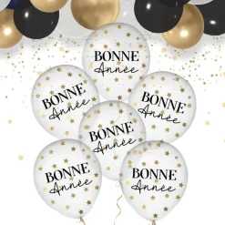 Ballons Confettis Noir / Or "Bonne Année" - Lot de 6