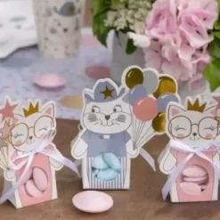 Boîte à dragées "Kitty Party" Rose - Lot de 6