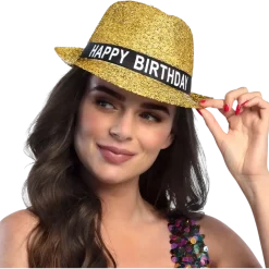 Chapeau "Happy Birthday" Or en tissu