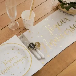 Chemin de table Joyeux Anniversaire Blanc/Or 3 mètres