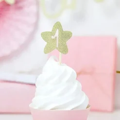 Décoration pour Cupcake 1st Birthday or pailleté (Lot de 6)