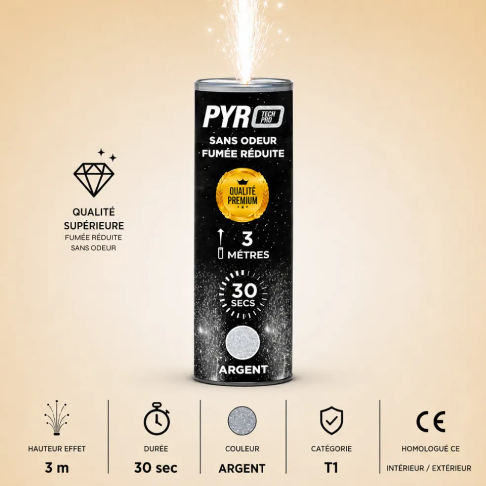 Jet de Scène Pyrotech Pro® – 3m / 30s – Argent – Qualité Supérieure