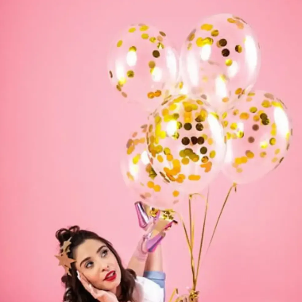 Lot de 6 Ballons Confettis Transparent - Rond Or - 30cm
