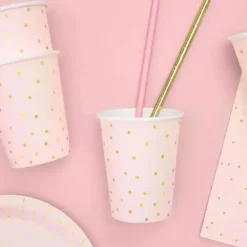 Lot de 6 verres en papier rose avec motif à pois doré