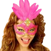 Masque Loup Carnaval Brésil Néon Rose avec Paillettes Or et Plumes – Accessoire Déguisement