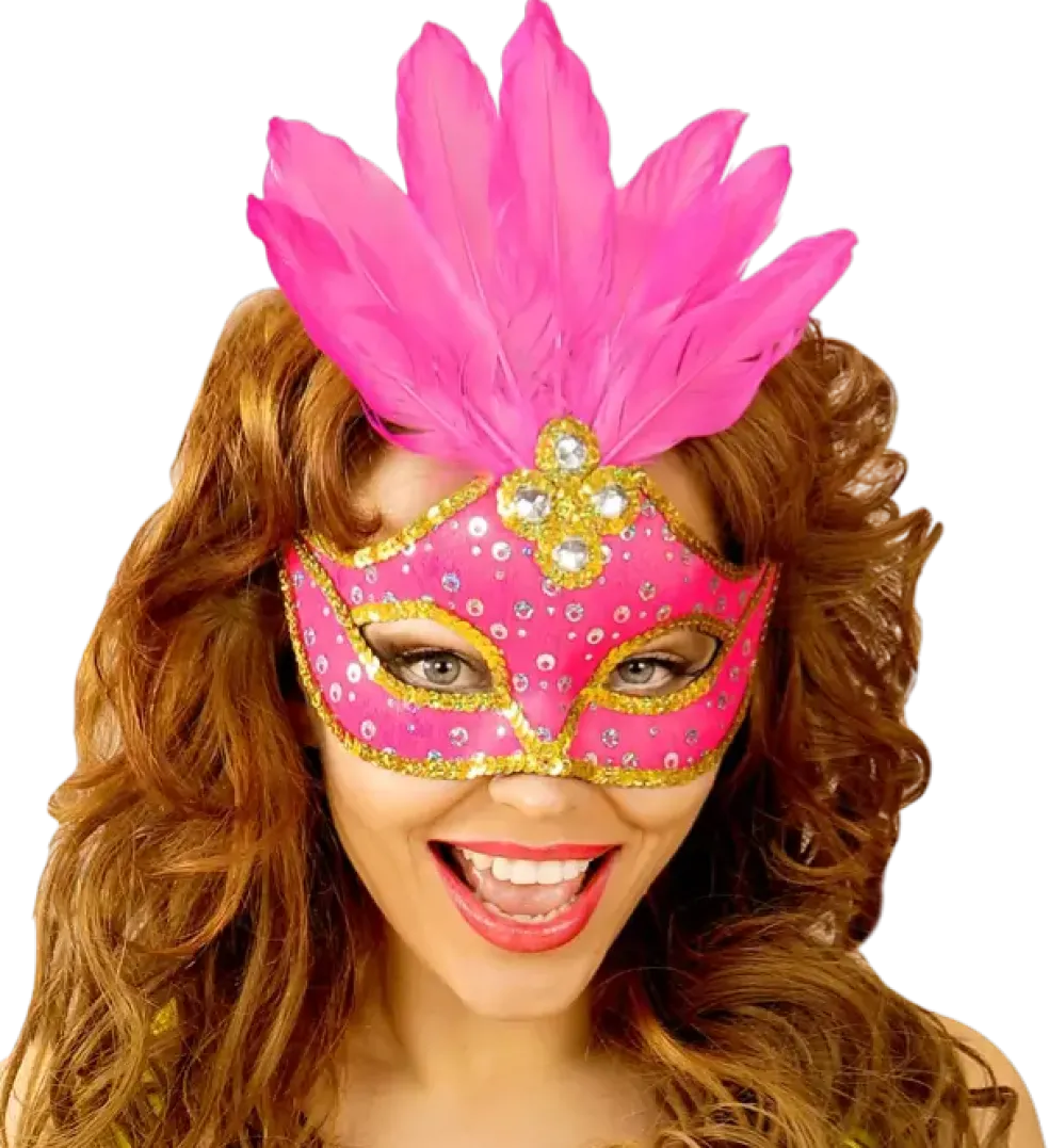 Masque Loup Carnaval Brésil Néon Rose avec Paillettes Or et Plumes – Accessoire Déguisement