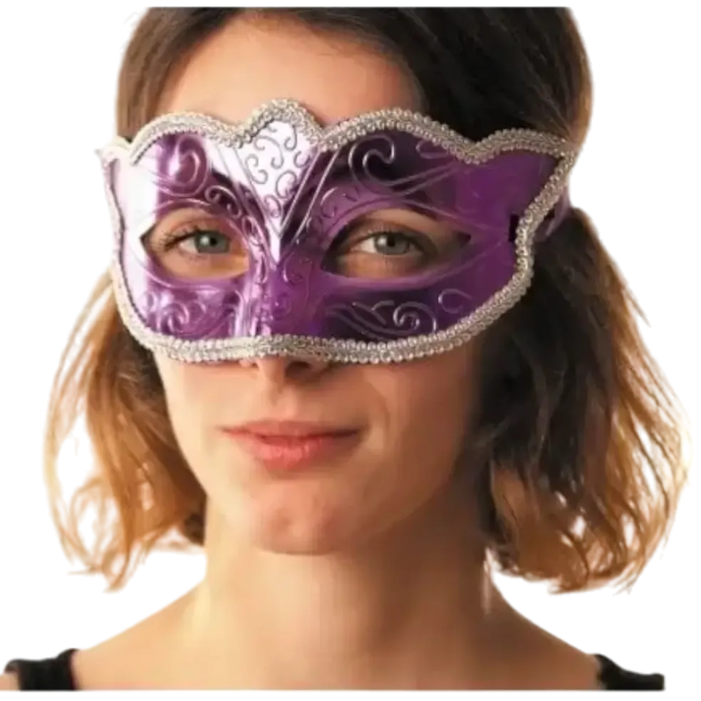 Masque Vénitien Burlesque Violet Avec Contour Argent
