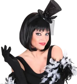 Mini Chapeau Noir à Paillettes sur Bandeau avec Nœud et Voile – Accessoire Déguisement Cabaret