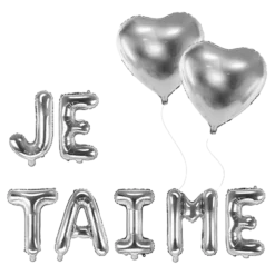 PACK BALLONS JE TAIME + 2 BALLONS COEURS ARGENT