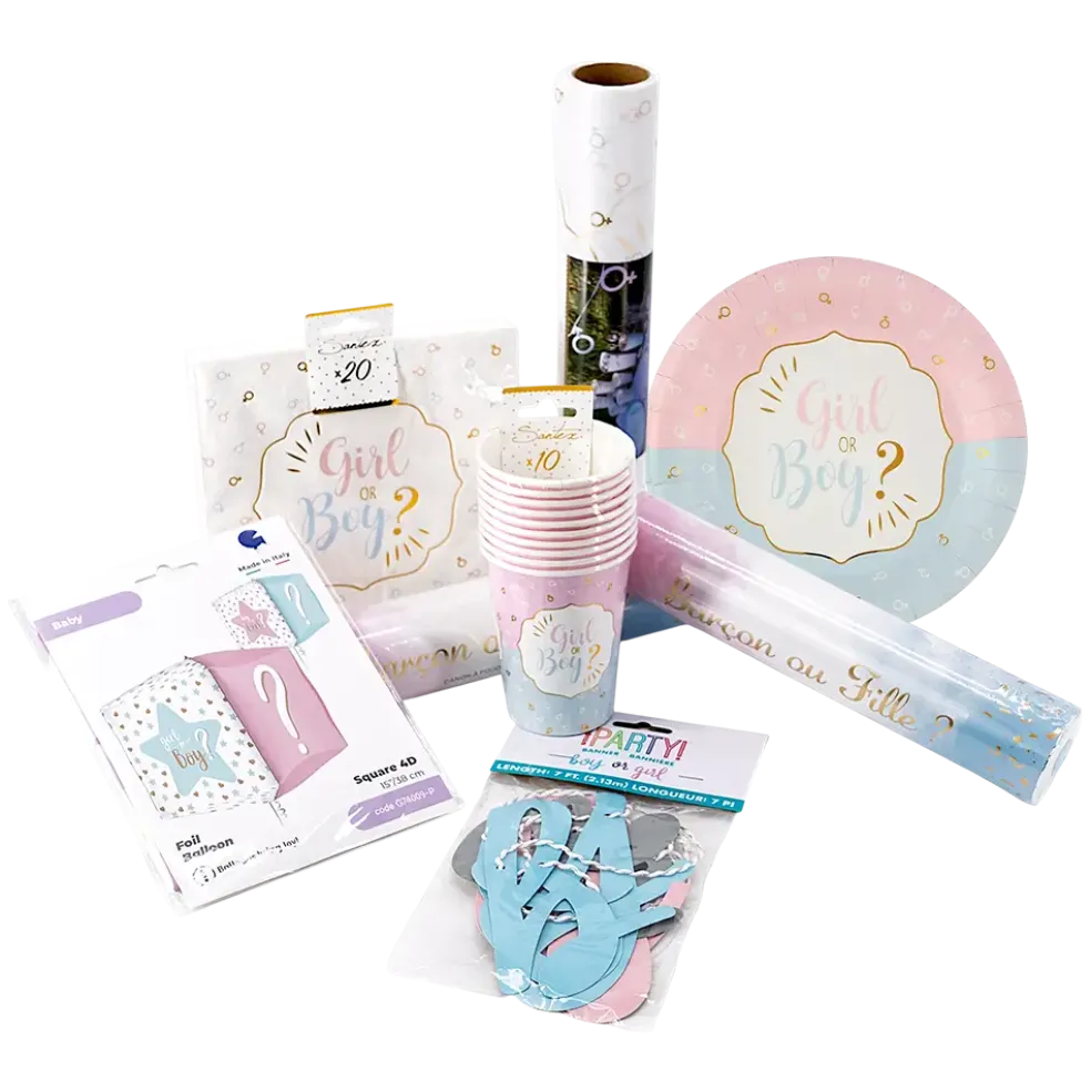 Pack Gender Reveal Mixte - Set de table + 2 Canons à poudre/confettis