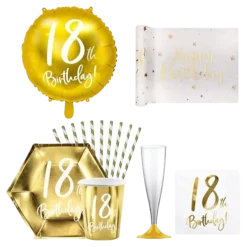 Pack "18th Birthday" - Blanc et or métallique - 12 personnes