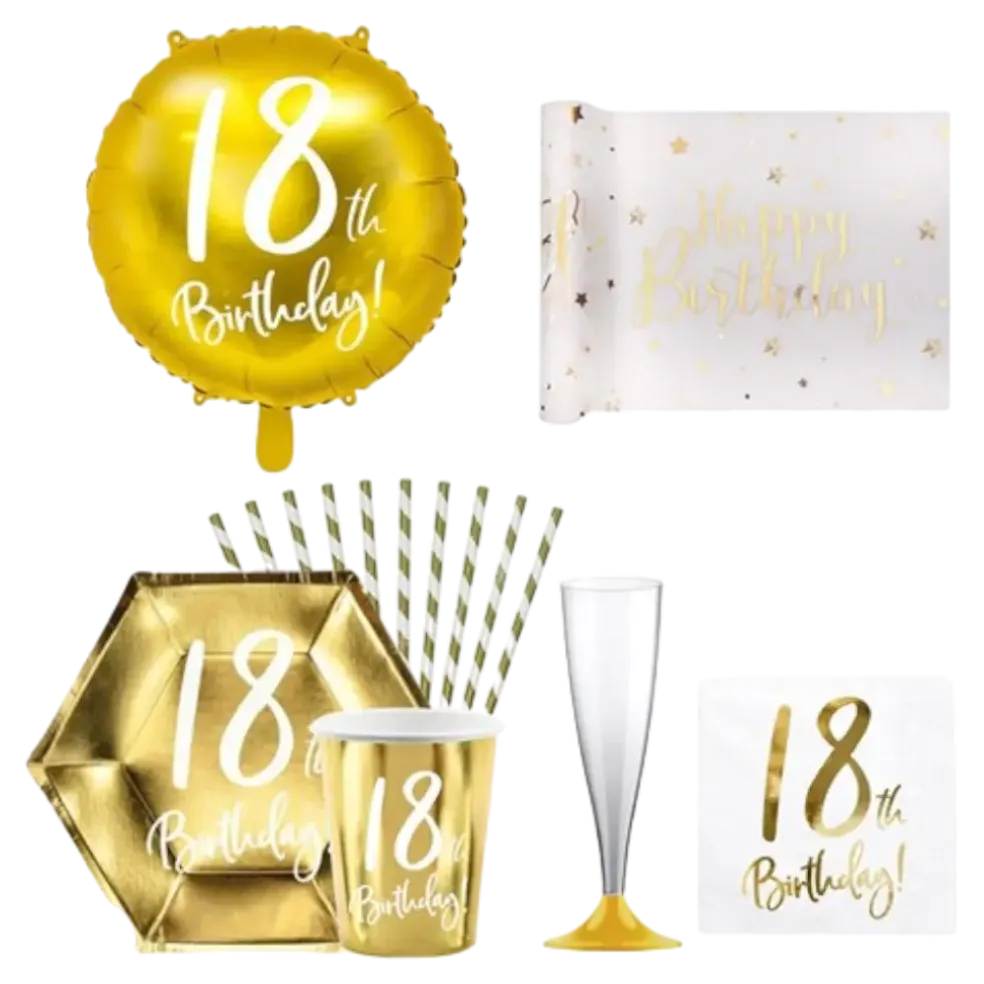 Pack "18th Birthday" - Blanc et or métallique - 12 personnes