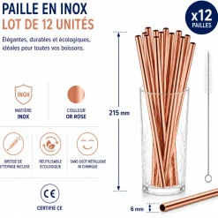 Paille inox réutilisable Or rose 21,5cm /ø6mm (12pcs)