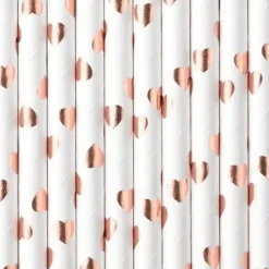 Pailles en papier blanches+motif coeur rose gold - LOT DE 10