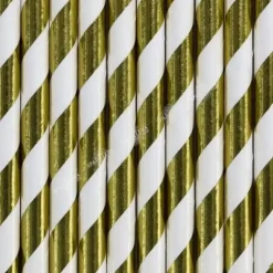 10 Pailles en papier de couleurs or à rayures blanches