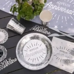 Serviette Joyeux Anniversaire Blanc/Argent (lot de 10)