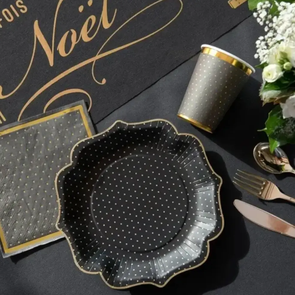 Serviette Noire à Pois et Dorure Or (lot de 20)