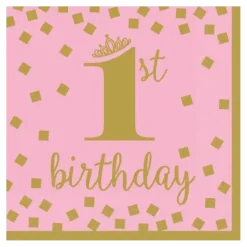 Serviette 1st Birthday Rose et Or (Lot de 16)